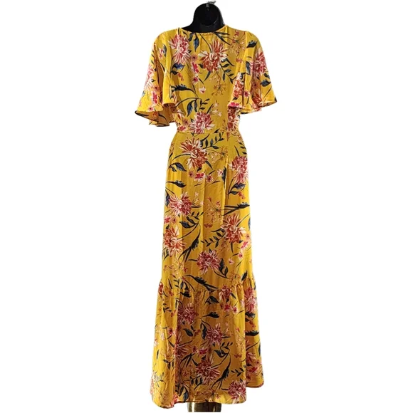 FLYING TOMATO Yellow Floral Print Ruffled Wrap Maxi Dress with Flutter Sleeves - Picture 2 of 4